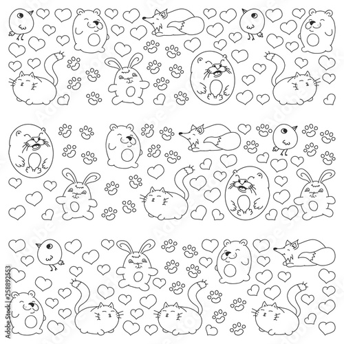Vector set of beautiful round icons in the form of wild animals for children and design, print, cat ,bear, fox, bird ,hare or rabbit. Round animals with caption on white background