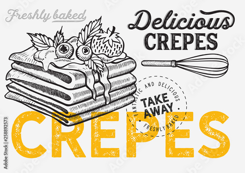 Waffle, pancake, crepe illustration for bakery.