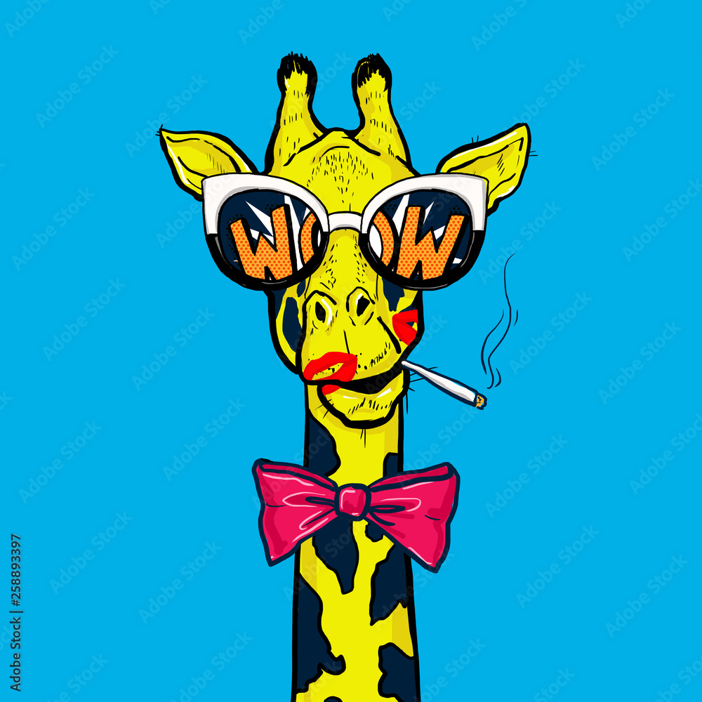 Pop art giraffe in glasses with red bow smoking cigarette.Wow.OMG. Stock  Illustration | Adobe Stock