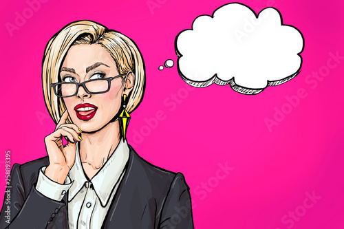 Thinking young sexy business woman with open mouth looking up on empty bubble.Smile Pop Art girl is thought and holding hand near the face