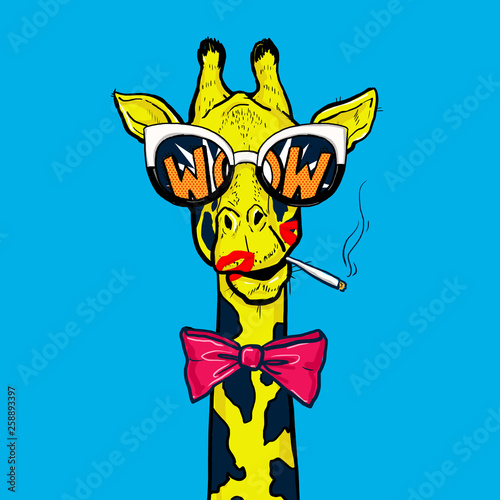 Photo Pop art giraffe in glasses with red bow smoking cigarette