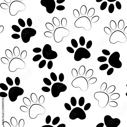 Paw black print seamless. Vector illustration animal paw track pattern. backdrop with silhouettes of cat or dog footprint.