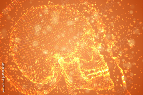 Abstract vector background with particles in the form of a human skull. orange decay