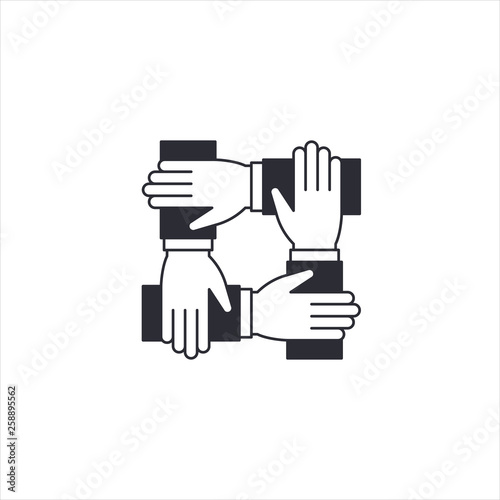 Teamwork icon, 4 hands together. Teamwork, partnership, cooperation, synergy, community, unity and equality concept. Icon for info graphics, websites, print media and interfaces. Vector illustration.