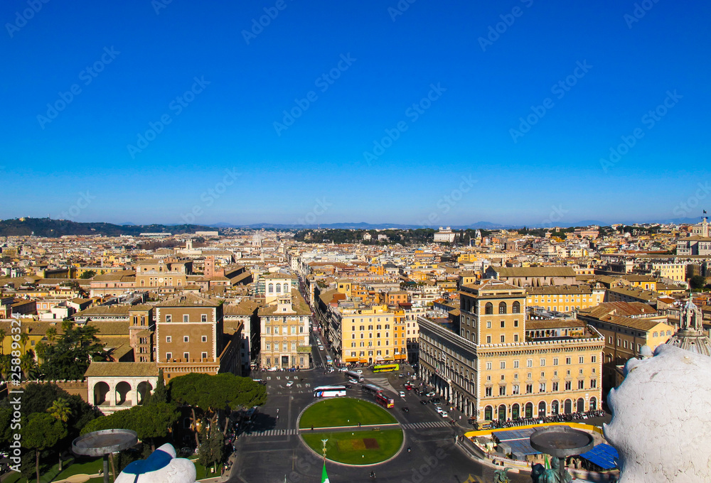 Aerial view of city Rome Italy from Vittorio Emanuele II Monument in winter 2012