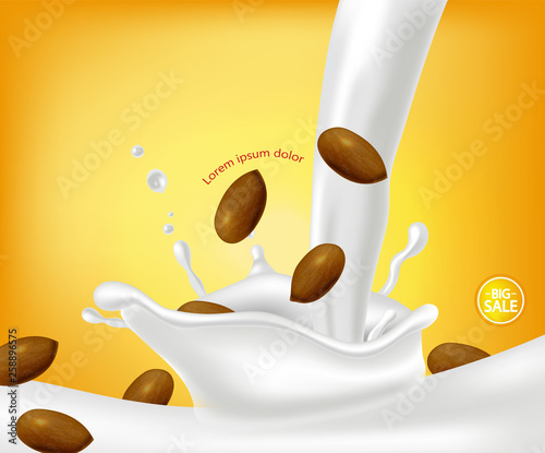 Almond milk vector realistic. Product placement advertise. Splash milk pourin...