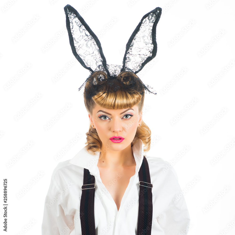 Easter girl. Woman with bunny ears costume. Carnival or product from the sex  shop. Cosmetics and makeup. Cute creative girl. Stock Photo | Adobe Stock