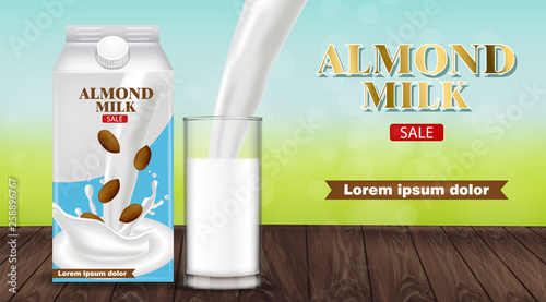 Almond milk pouring in a glass vector realistic. Product placement advertise....