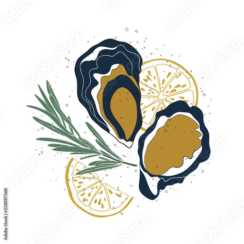 Oyster set. Isolated oysters, lemon slices and rosemary on white background. Hand drawn vector illustration with texture for seafood menu