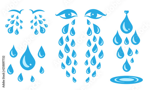 Blue cry cartoon tears icon or sweat drops from eyes