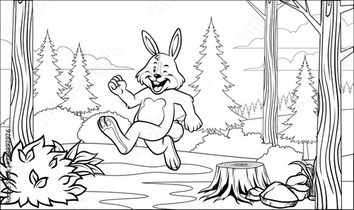 black and white funny rabbit coloring page running in the forest