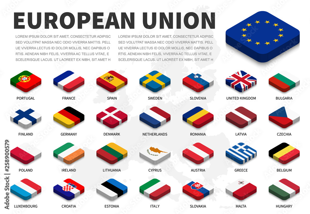 European union ( EU ) flag and membership on europe map background . Isometric top design . Vector .