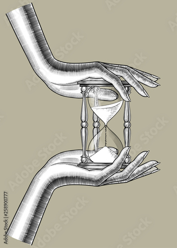 Concept of passing time. Female hand with a retro hourglass. Vintage engraving stylized drawing. Vector Illustration