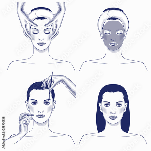 Spa facial Massage. Face Massage in beauty spa salon. Facial therapy. Cosmetology, beauty, health. Facial treatment. Beautiful woman portrait. Vector Illustration.