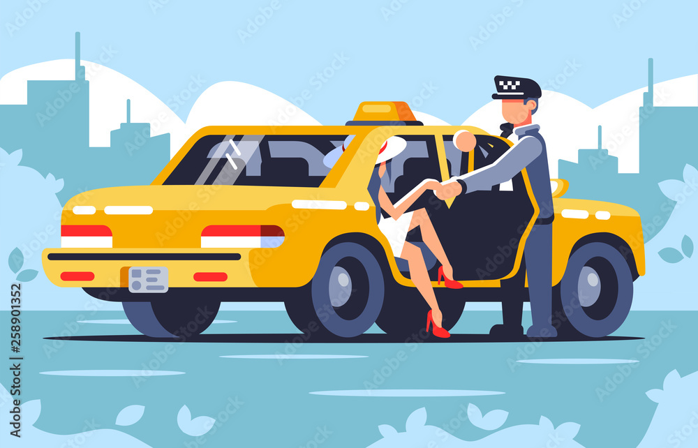 Taxi driver opens the door to passenger. Woman comes out of taxi. Taxi driver opens the door to passenger. Woman comes out of taxi.