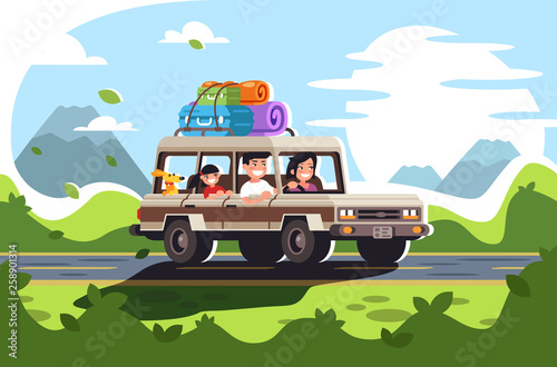 Young asian family with children and dog go on a trip by car