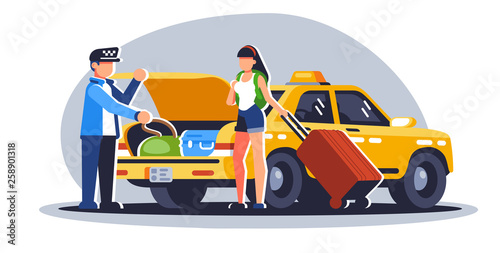 taxi driver puts luggage in the open trunk