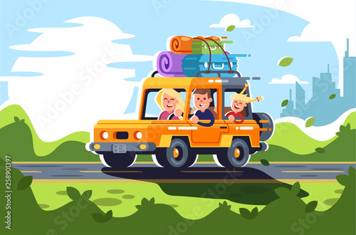 Young family with children go on a trip by car