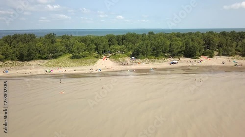 Lake Erie, beach and turbid water after storm. Aerial view. 4k photo