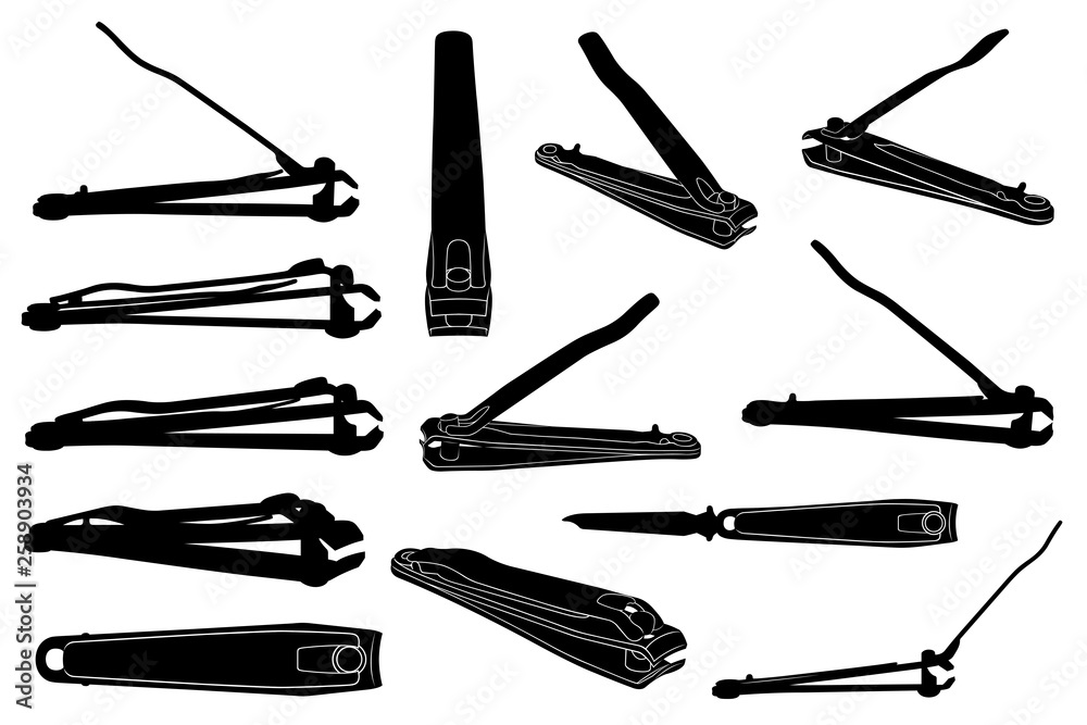 Set of different nail clippers isolated on white Set of different nail clippers isolated on white