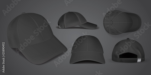 black caps from different sides on a black background 