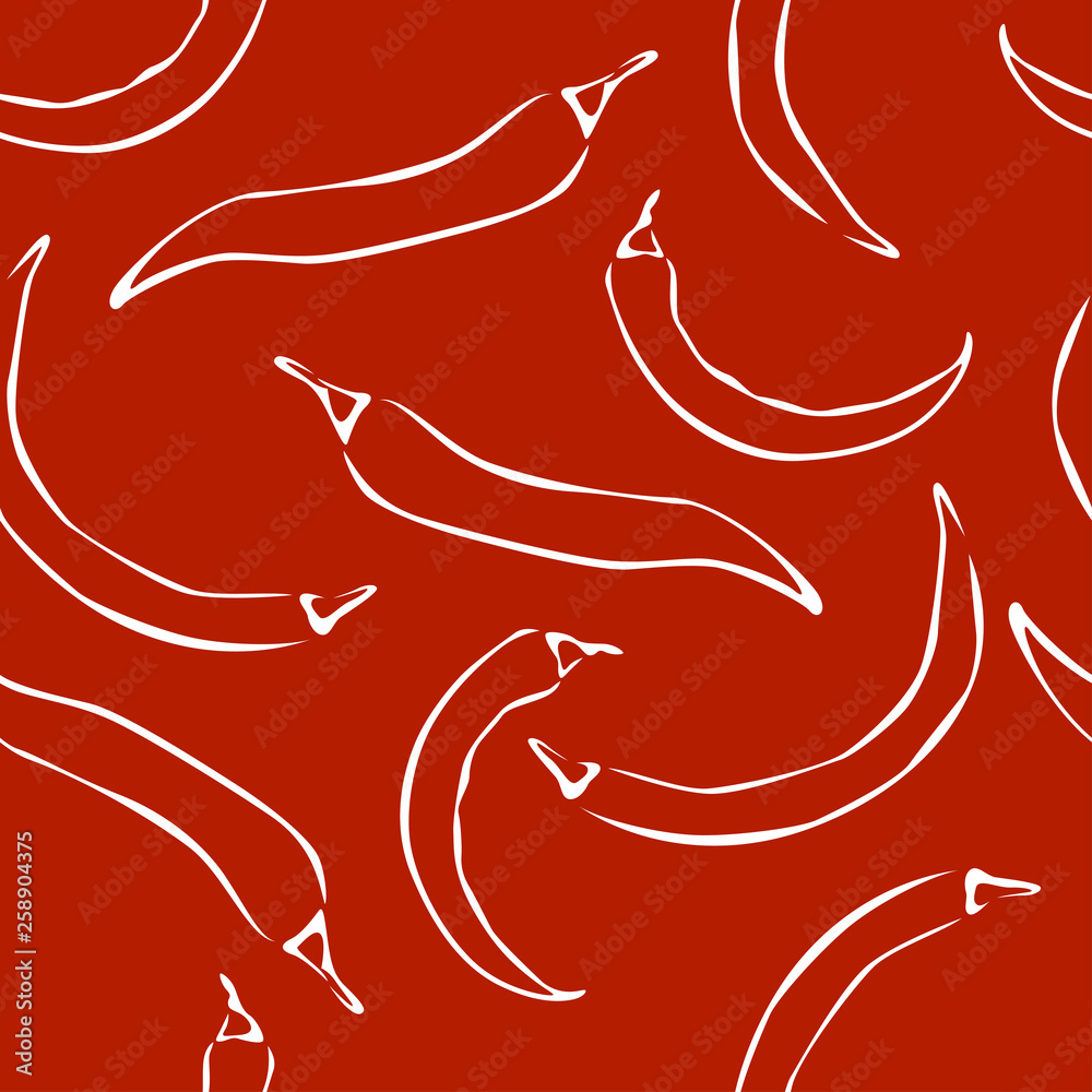 Fototapeta premium Chili pepper seamless pattern on red background. Simple monochrome vector illustration.