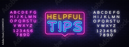 Helpful Tips Neon Text Vector. Helpful Tips neon sign, design template, modern trend design, night neon signboard, night bright advertising, light banner, light art. Vector. Editing text neon sign
