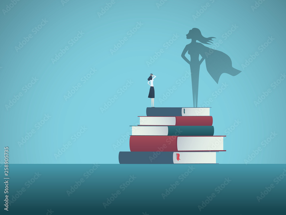 Power of education and knowledge vector concept. Girl, woman standing on top of books and her superhero shadow. Symbol of confidence, excellence, talent and skill.