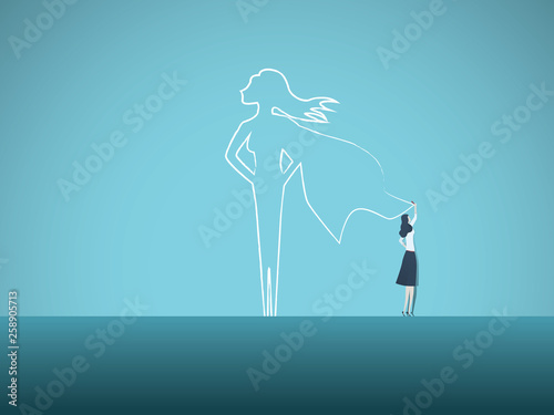 Business ambition and motivation vector concept with businesswoman drawing superhero on wall. Symbol of confidence, career growth, power, strength, feminism and emancipation.