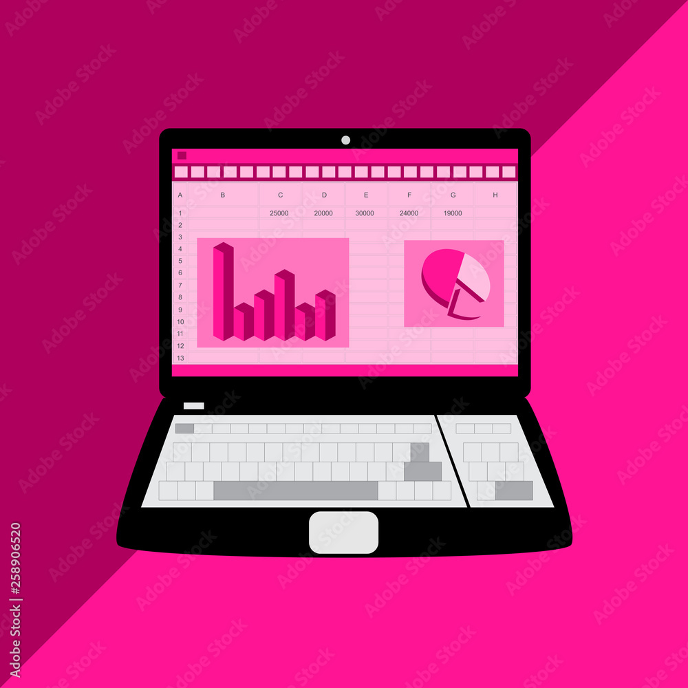 Business finance analysis audit with graphs. SEO data analytic and return on investment ROI. Spreadsheet, charts on screen. Vector graphic illustration. Business finance analysis audit with graphs. SEO data analytic and return on investment ROI. Spreadsheet, charts on screen. Vector graphic illustration.