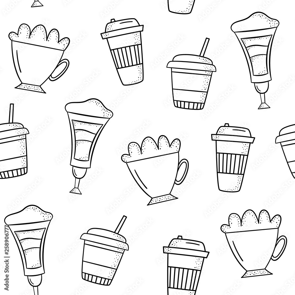 Vector seamless pattern with cups of coffee, latte, Americano, cappuccino. Hand-drawn style. Vector seamless pattern with cups of coffee, latte, Americano, cappuccino. Hand-drawn style.