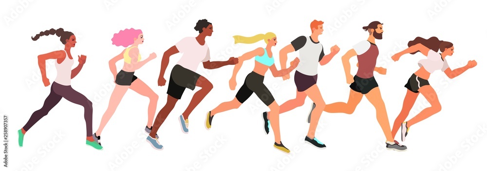 Fototapeta Marathon running group of men and women isolated on a white background - flat vector illustration.