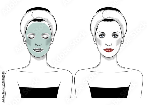 Spa Woman applying Facial clay Mask. Beautiful woman portrait. Beauty Treatments. Vector Illustration.