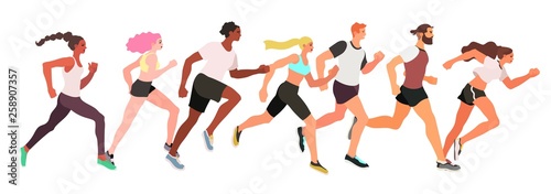 Marathon running group of men and women isolated on a white background - flat vector illustration.
