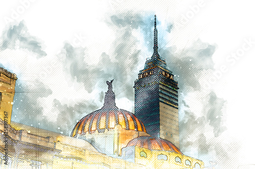 Canvastavla ilustración acuarela domo de museo bellas artes y torre latinoamericana en Ciuda