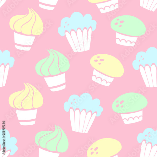 Vector seamless pattern with cakes, cupcakes, muffins in Doodle style, hand drawn style. Pastel color.