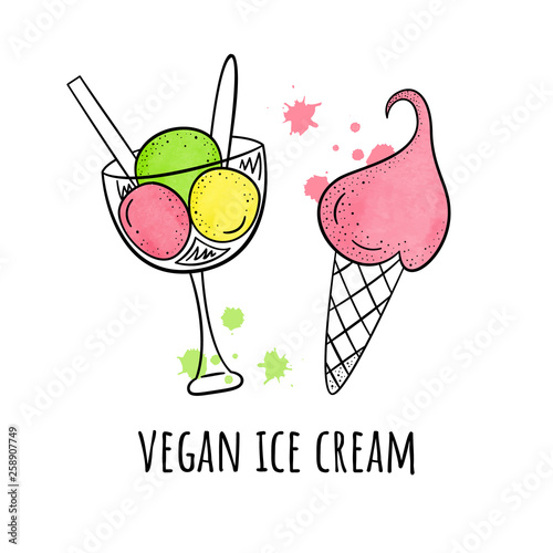 Vector illustration with vegan ice cream. The style of line and watercolour. Ice cream in balls and a horn.