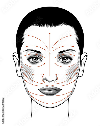 Anti aging treatment and plastic surgery concept. Beautiful young woman with red arrows over face. Isolated on white. Vintage engraving stylized drawing. Vector illustration