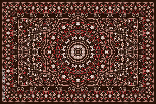 Vintage Arabic pattern. Persian colored carpet. Rich ornament for fabric design, handmade, interior decoration, textiles. Red background.