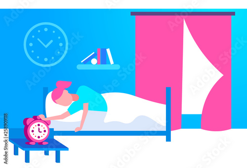 young woman sleeping in bed girl rise hand to turn off alarm clock in bedroom interior wake up concept female cartoon character flat horizontal