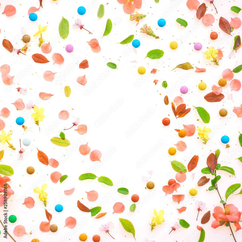 Colorful springtime background flat lay top view