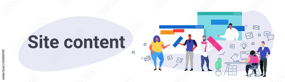 contents creation professionals team working on landing page site content web design and development concept website under construction co-working center interior sketch horizontal banner