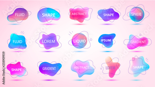 Vector 3d gradient spots set with line shapes isolated. Abstract elements for trendy vibrant color design. Use for logos, tags, labels, background. Fluid blots, wavy drops, flowing elements