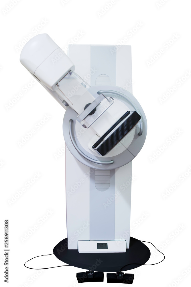Mammography machine or mammogram for breast cancer screening device hold rotation 45 degree isolated on white background in hospital. clipping path. Mammography machine or mammogram for breast cancer screening device hold rotation 45 degree isolated on white background in hospital. clipping path.