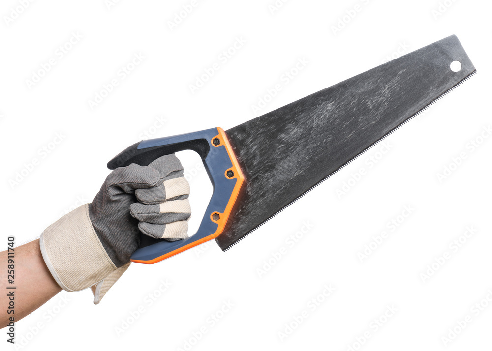 Close up view of Worker Man Hand holding Saw. Male Hand wearing Working Glove with Tools. Human hand, isolated on white background. Close up view of Worker Man Hand holding Saw. Male Hand wearing Working Glove with Tools. Human hand, isolated on white background.