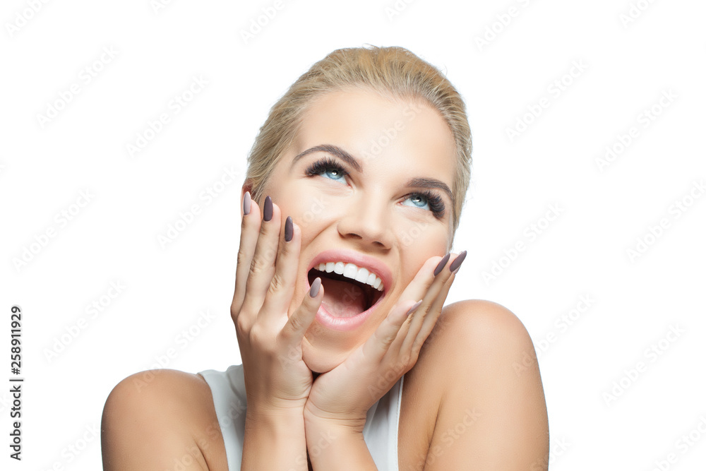 Surprised screaming woman isolated on white background. Happy girl, mouth open Surprised screaming woman isolated on white background. Happy girl, mouth open