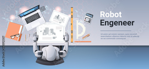 robotic architect drawing blueprint building plan robot engineer at workplace office workshop artificial intelligence concept top angle desktop view horizontal copy space