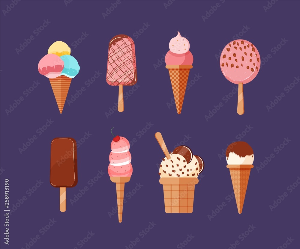 Set of delicious ice cream of various types. Bundle of appetizing frozen creamy desserts decorated with chocolate glaze, sprinkles and berries. Tasty sweet product. Flat cartoon vector illustration.
