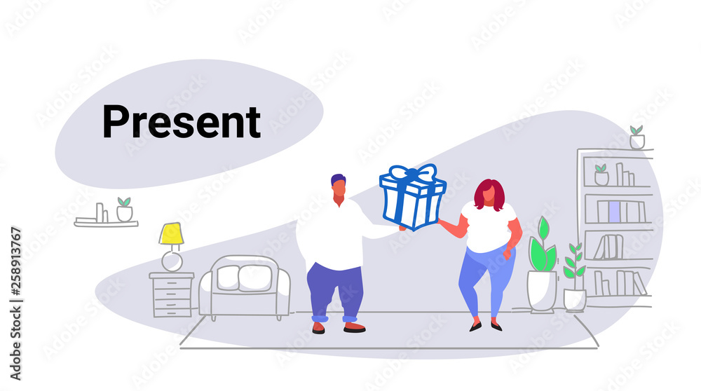 fat woman giving surprise box present to oversize man holiday celebration concept happy over size couple in love modern apartment living room interior sketch doodle horizontal full length