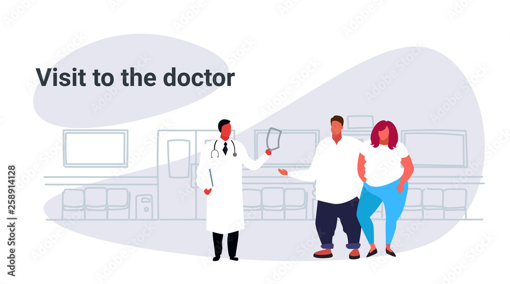 fat overweight couple visiting male doctor giving medical prescription for obese man woman patients medicine healthcare concept sketch doodle horizontal